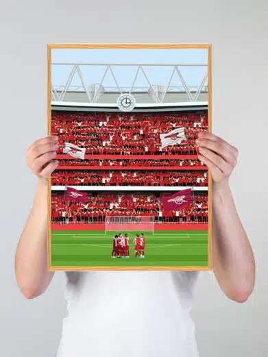 Arsenal stadionplakat, der viser spillere på banen foran fyldte tribuner