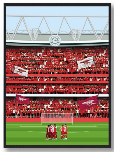 Arsenal stadionplakat, der viser spillere på banen foran et fyldt stadion