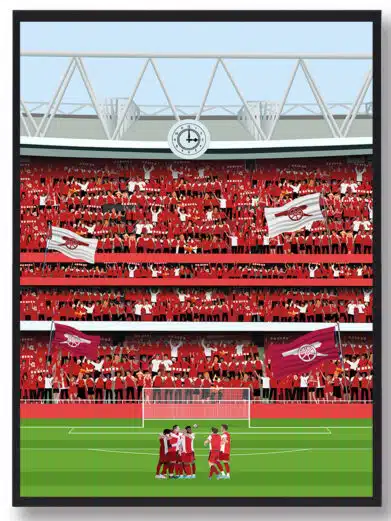Arsenal stadionplakat, der viser spillere på banen foran et fyldt stadion