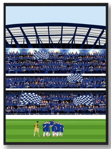 Chelsea plakat, der viser spillerne på banen med publikum siddende på tribunen