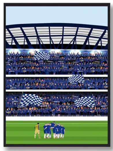 Chelsea plakat, der viser spillerne på banen med publikum siddende på tribunen
