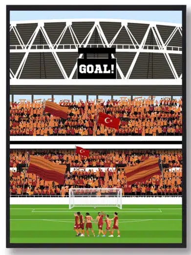 Galatasaray stadion plakat, der viser spillerne på banen foran deres fans