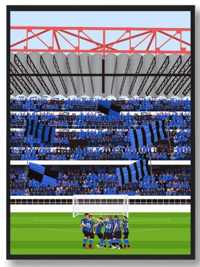 Inter Milan stadionplakat, der viser spillerne på stadion foran fyldte tribuner