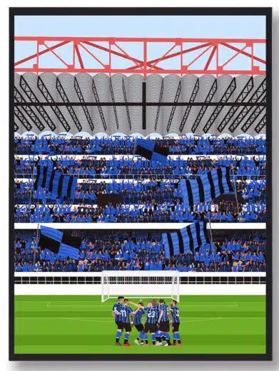 Inter Milan stadionplakat, der viser spillerne på stadion foran fyldte tribuner