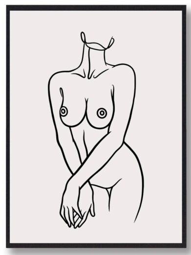 Stretegning Plakat: Minimalist line art print of a nude female figure in black on a cream background, framed in black.