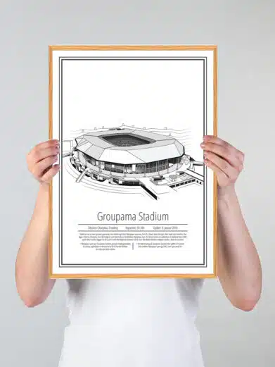 Lyon - Parc Olympique fodboldplakat, der viser stadion med hvid baggrund