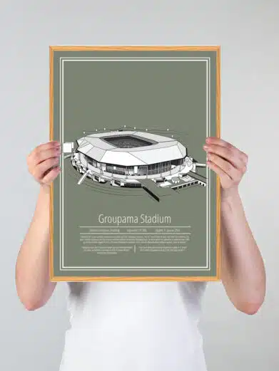 Lyon - Parc Olympique fodboldplakat, der viser stadion med grøn baggrund