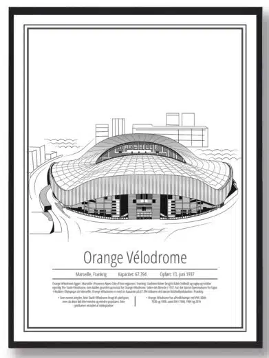 Marseille fodboldplakat med hvid baggrund, der viser en skitseret udgave af Marseille fodboldstadion