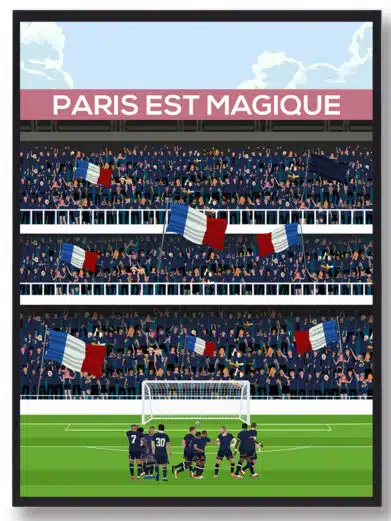 Stadionplakat med PSG Paris, der viser spillere på banen foran tribuneren