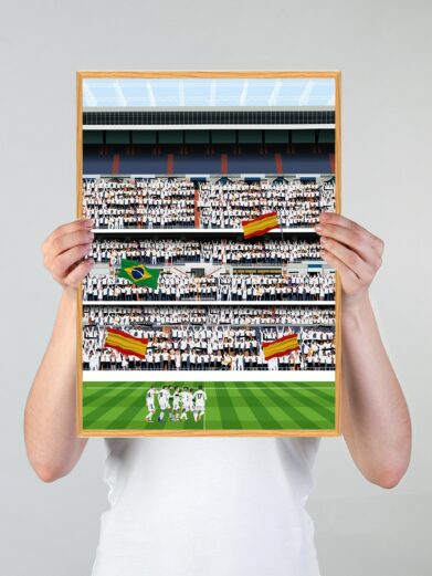 Real Madrid stadionplakat, der viser spillerne på banen foran tribunerne med massevis af publikum