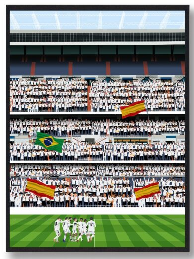 Real Madrid stadionplakat, der viser spillerne på banen foran tribunerne