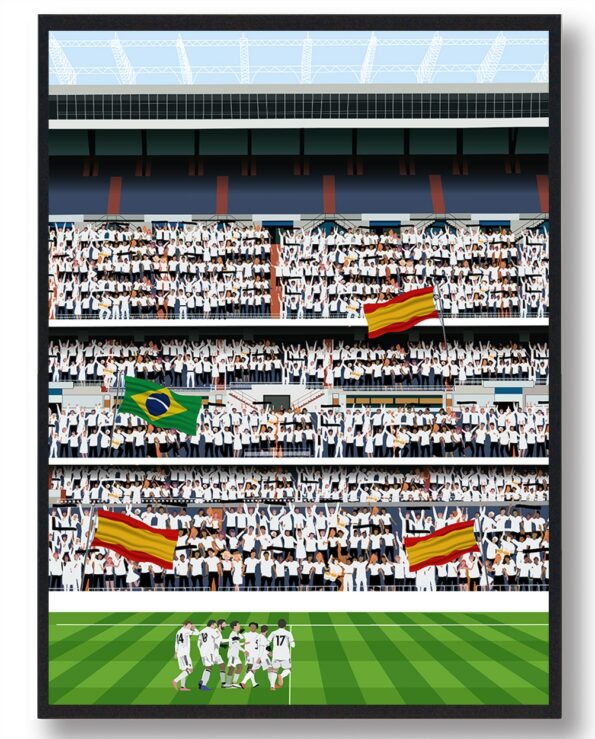 Real Madrid stadionplakat, der viser spillerne på banen foran tribunerne