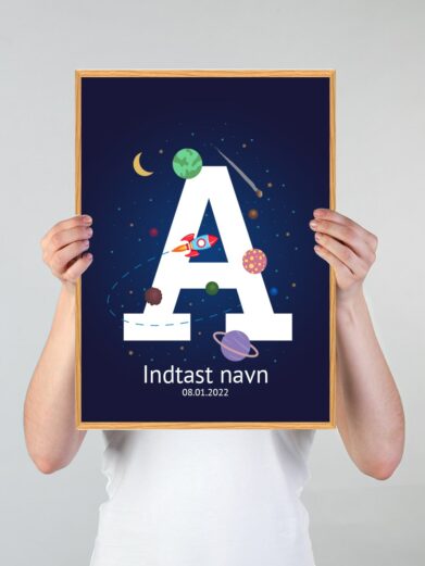 Navneplakat med universet som tema med bogstavet A