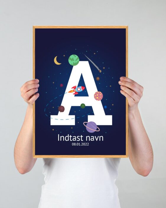 Navneplakat med universet som tema med bogstavet A