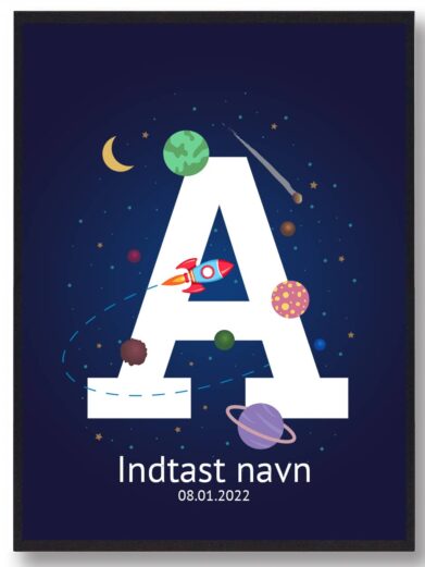 Navneplakat med rummet som tema med bogstavet A