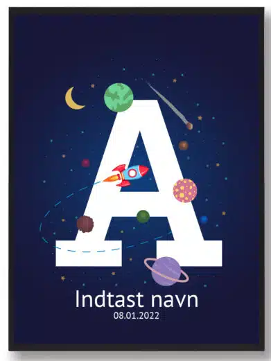 Navneplakat med rummet som tema med bogstavet A