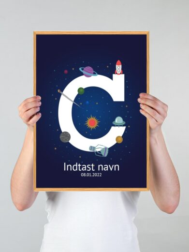 Navneplakat med universet som tema og bogstavet C