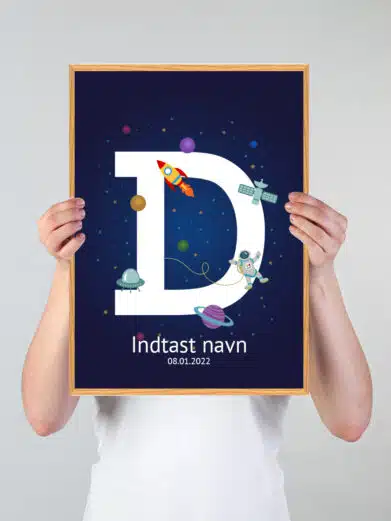 Navneplakat med universetsom tema og bogstavet D