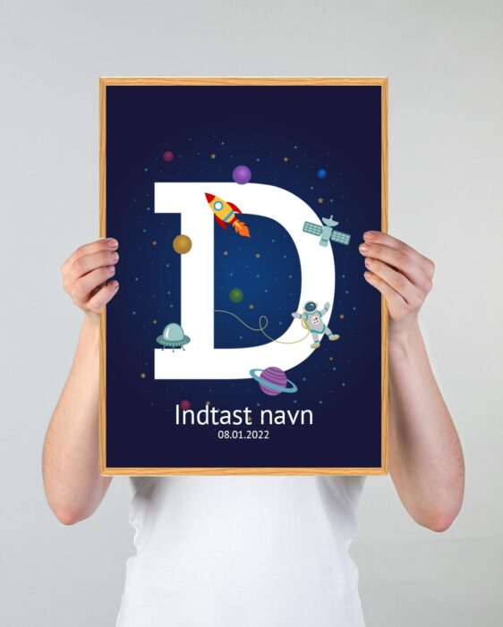 Navneplakat med universetsom tema og bogstavet D