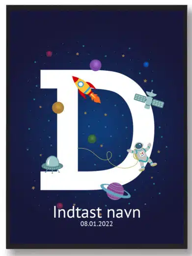 Navneplakat med rummet som tema og bogstavet D