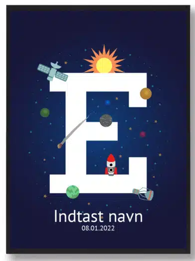 Navneplakat med rummet som tema og bogstavet E