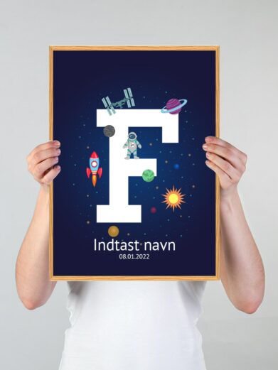 Navneplakat med universet som tema og bogstavet F