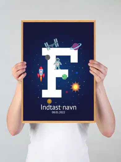 Navneplakat med universet som tema og bogstavet F
