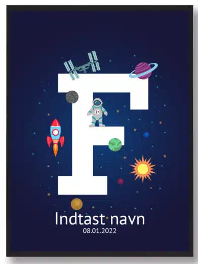 Navneplakat med rummet som tema og bogstavet F