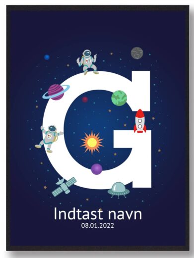 Navneplakat med rummet som tema og bogstavet G