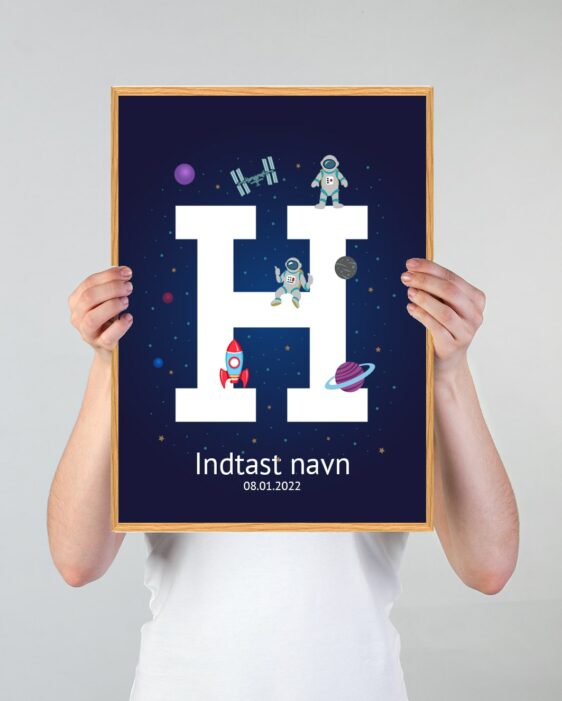 Navneplakat med universet som tema og bogstavet H