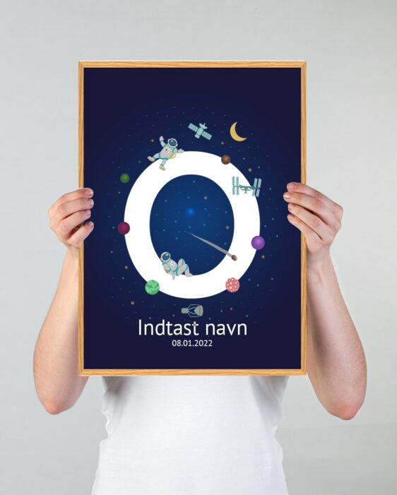 Navneplakat med universet og bogstavet O