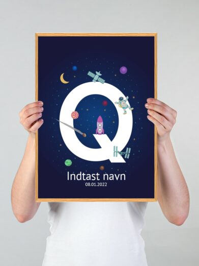 Navneplakat med universet med bogstavet Q
