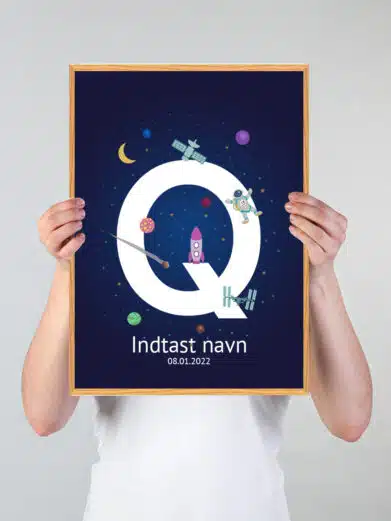 Navneplakat med universet med bogstavet Q