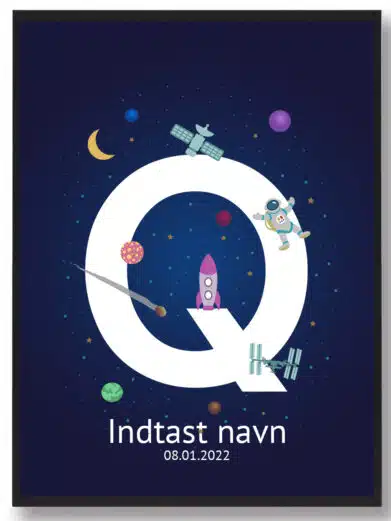 Navneplakat med rummet med bogstavet Q