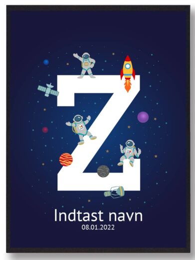 Navnetavler rummet: Navnetavle med bogstavet Z. Navnetavle med rummet som tema passer perfekt til børneværelset.