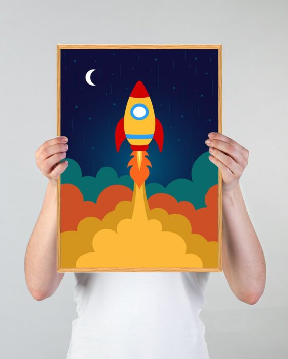 Rumplakat med universet til børn med en rumraket