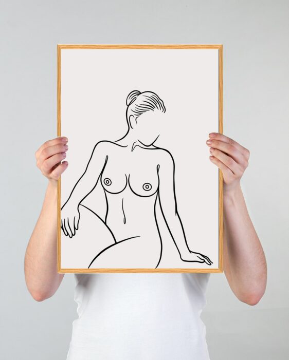 Kunstnerisk line art plakat, der viser en nøgen kvinde, der kigger til siden