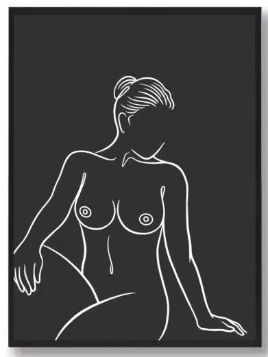 Kunstplakat som stregtegning, der viser en nøgen kvinde tegnet i hvid på sort baggrund
