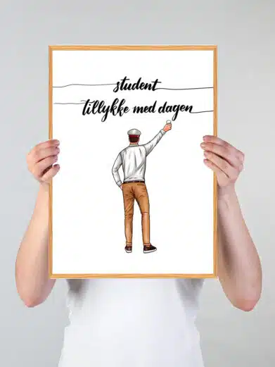 Studenterplakat med en student med mørkt hår samt teksten "Tillykke med dagen" som citat ovenfor