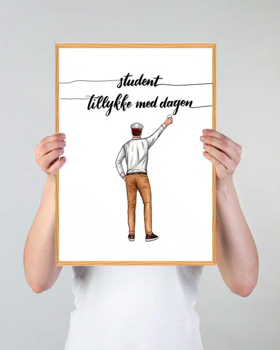 Studenterplakat med en student med mørkt hår samt teksten "Tillykke med dagen" som citat ovenfor