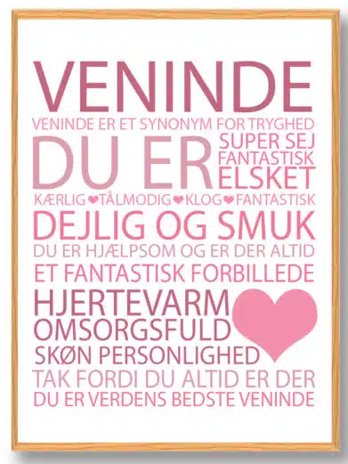 Citatplakat med veninde som fokus. Skriften er lyserød på hvid baggrund