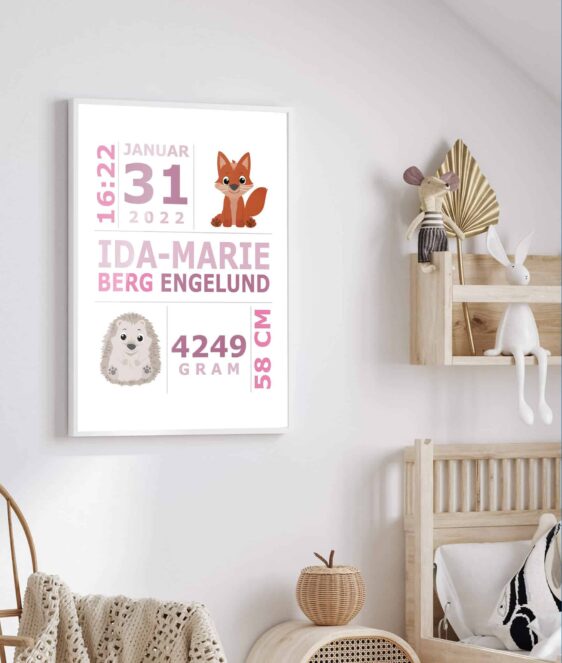 Fødselsplakat med pindsvin og ræv som motiv