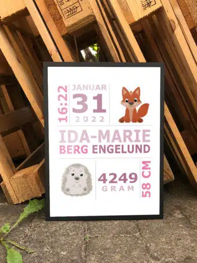 Fødselsplakat med rosa skrift og dyremotiver i form af pindsvin og ræv