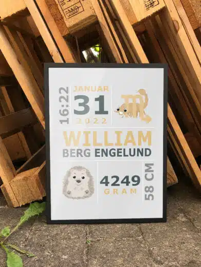 Fødselsplakat med grålig baggrund, der illustrerer barnets oplysninger ved fødslen