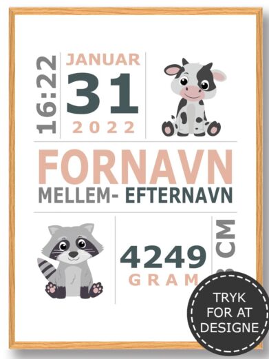 Fødselsplakat med babys oplysninger ved fødslen. Fødselstavlen er beige med et sødt motiv af en ko og en vaskebjørn.