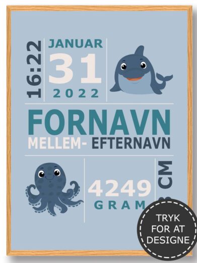 Fødselsplakat med babys oplysninger ved fødslen. Fødselstavlen er blå med et sødt motiv af en hval og en blæksprutte.