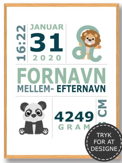 Fødselsplakat med babys oplysninger ved fødslen. Fødselstavlen er grøn med et sødt motiv af babys stjernetegn og en panda.