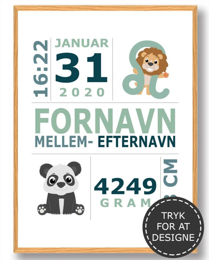 Fødselsplakat med babys oplysninger ved fødslen. Fødselstavlen er grøn med et sødt motiv af babys stjernetegn og en panda.