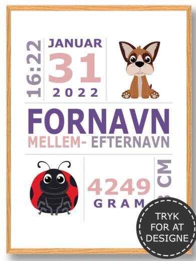 Fødselsplakat med babys oplysninger ved fødslen. Fødselstavlen er lyserød med et sødt motiv af en mariehøne og en hund.