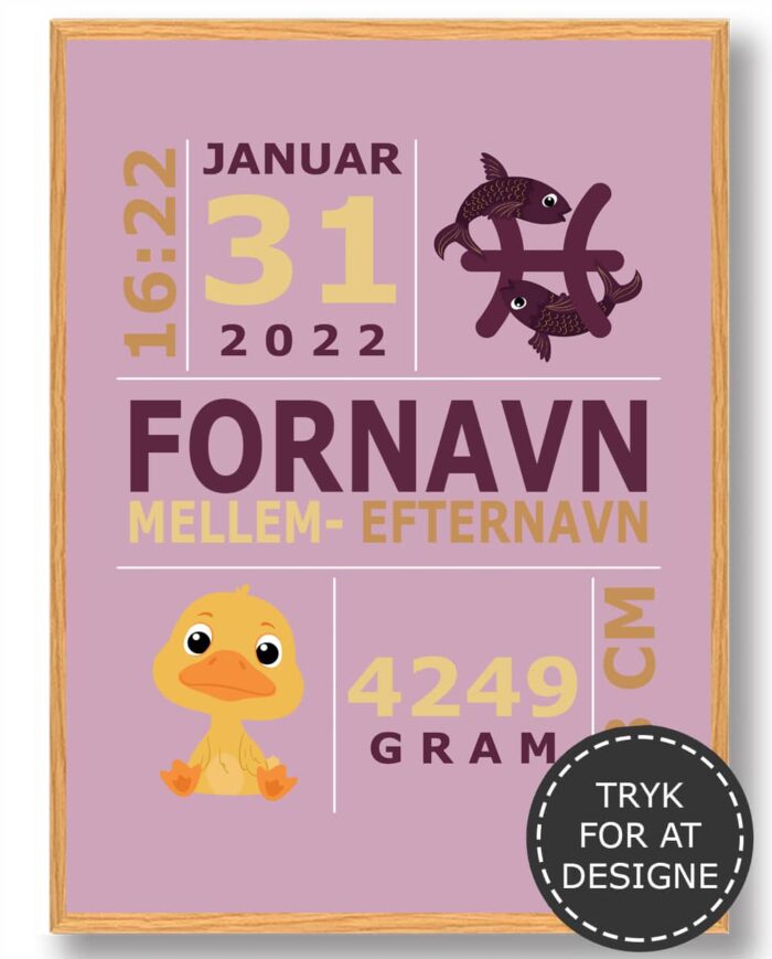 Fødselstavle med barnets navn, fødselsdato, fødselstidspunkt, vægt og længde. På fødselsplakaten er to fisk, der viser barnets stjernetegn og en and. Farven på den perfekte dåbsgave er lyserød.